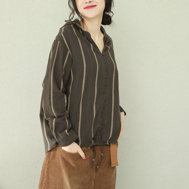 Classy Blackish Green Striped Cotton Tops Boutique Work Outfits Hooded Tunic Shirts
