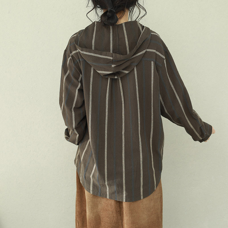 Classy Blackish Green Striped Cotton Tops Boutique Work Outfits Hooded Tunic Shirts