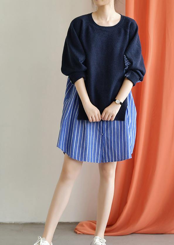 Classy Blue Cotton Long Shirts Patchwork Fall Dresses