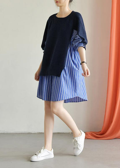 Classy Blue Cotton Long Shirts Patchwork Fall Dresses