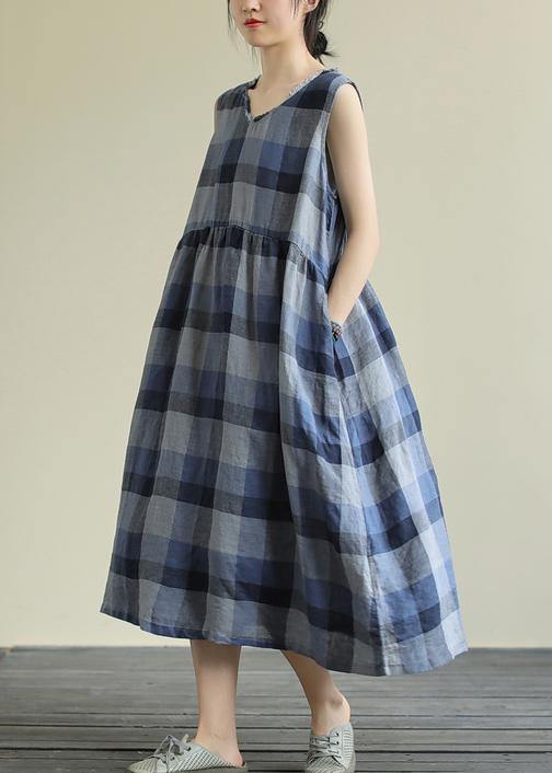 Classy Blue Plaid Cotton Clothes O Neck Pockets Art Dresses
