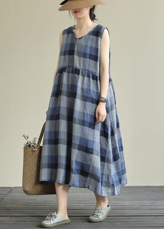 Classy Blue Plaid Cotton Clothes O Neck Pockets Art Dresses