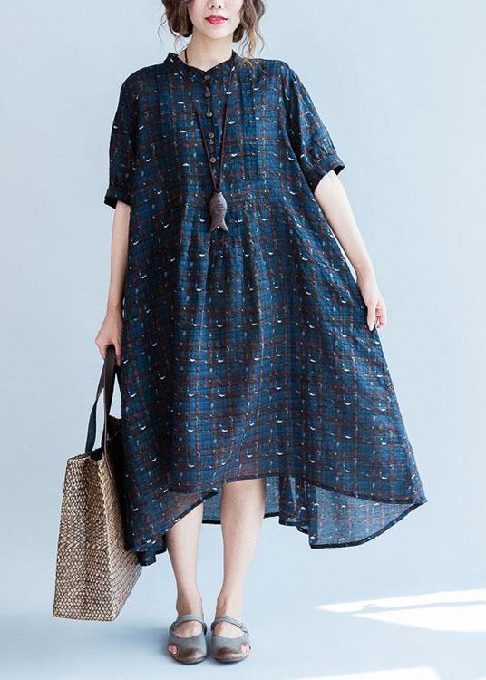 Classy Blue Plaid Cotton Dresses Stand Collar Summer Dress