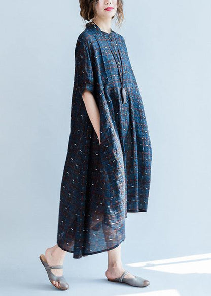 Classy Blue Plaid Cotton Dresses Stand Collar Summer Dress