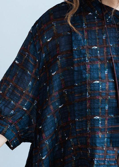 Classy Blue Plaid Cotton Dresses Stand Collar Summer Dress