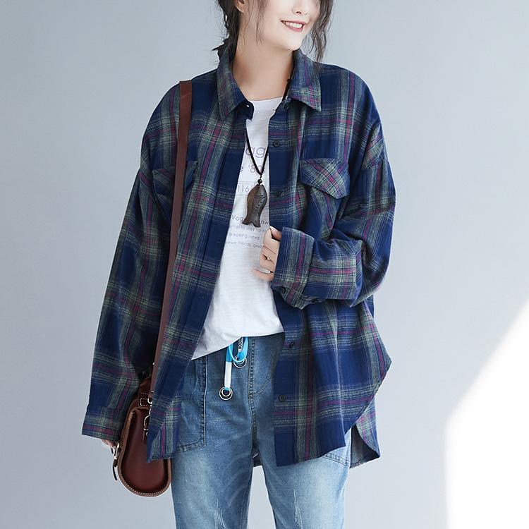 Classy Blue Plaid Cotton Linen Tops Design Side Open Daily Spring Top