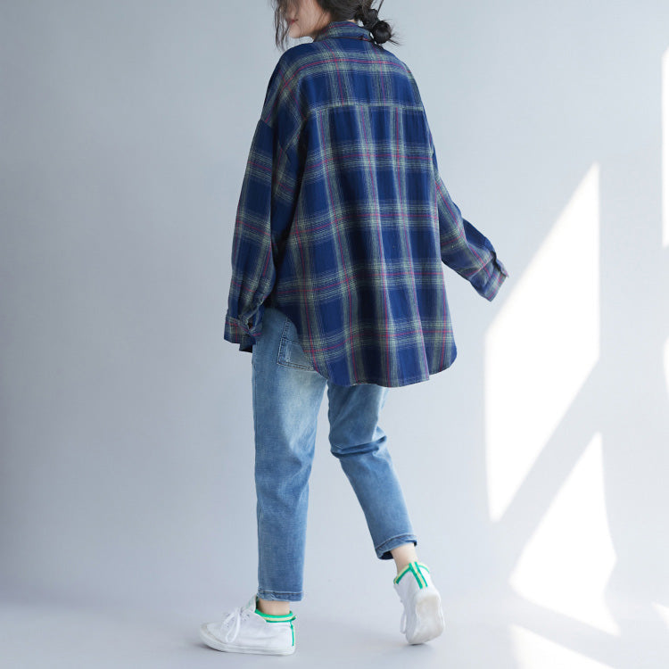 Classy Blue Plaid Cotton Linen Tops Design Side Open Daily Spring Top