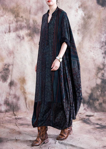 Classy Blue Print Clothes V Neck Batwing Sleeve Maxi Fall Dresses