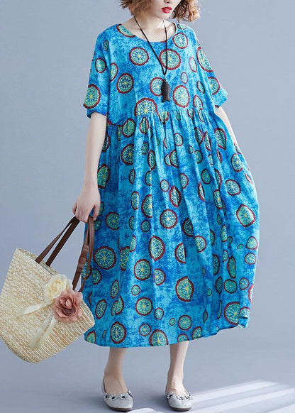 Classy Blue Print Cotton Dresses O Neck Pockets Kaftan Summer Dresses