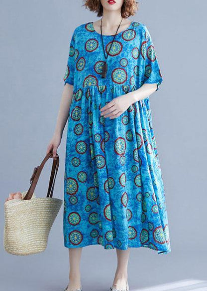 Classy Blue Print Cotton Dresses O Neck Pockets Kaftan Summer Dresses