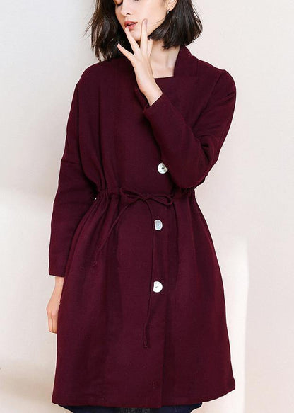 Classy Burgundy Fine Trench Coat Shape Drawstring Double Breast Coats