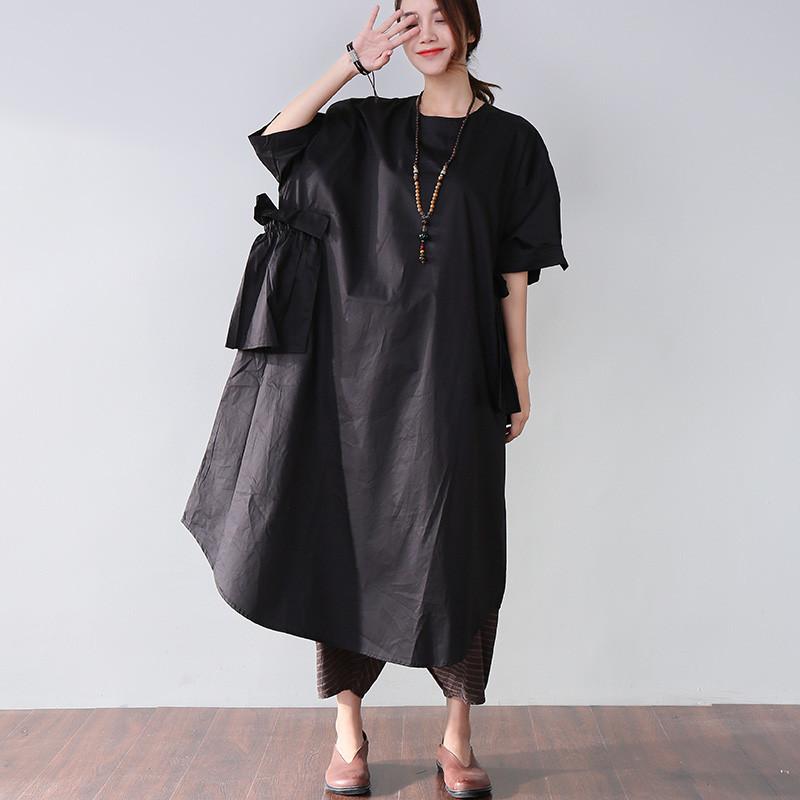 Classy Cotton Dresses Stylish Splicing Summer Loose Cotton Pocket Black Dress