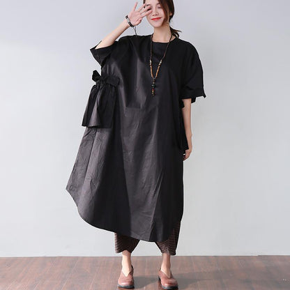 Classy Cotton Dresses Stylish Splicing Summer Loose Cotton Pocket Black Dress