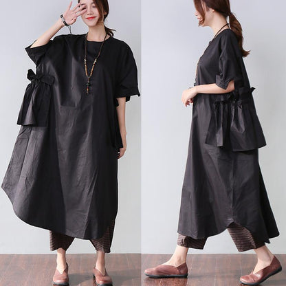 Classy Cotton Dresses Stylish Splicing Summer Loose Cotton Pocket Black Dress