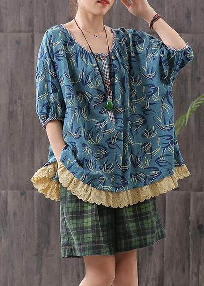 Classy Cotton Tunic Top Loose Print Short Sleeve Blouse
