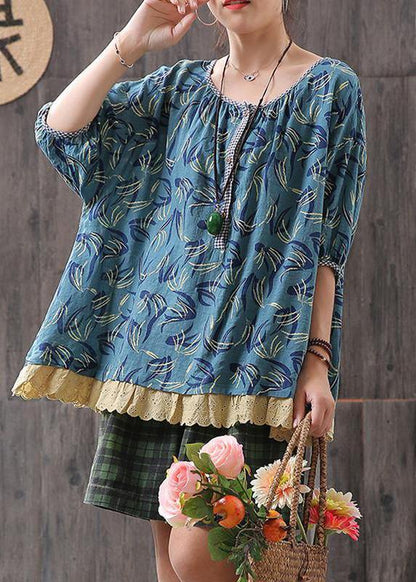 Classy Cotton Tunic Top Loose Print Short Sleeve Blouse