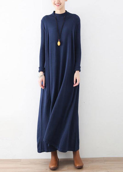Classy Dark Blue Tunic Dresshigh Neck Batwing Sleeve Robes Fall Dresses