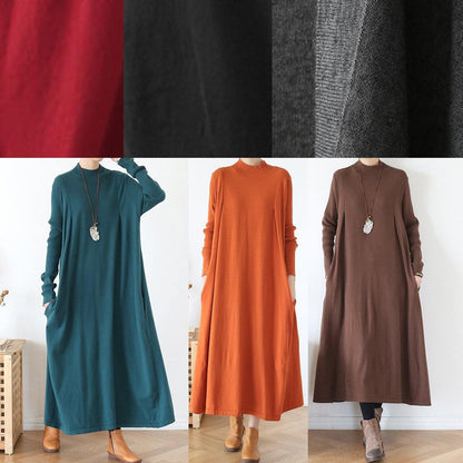 Classy Dark Blue Tunic Dresshigh Neck Batwing Sleeve Robes Fall Dresses