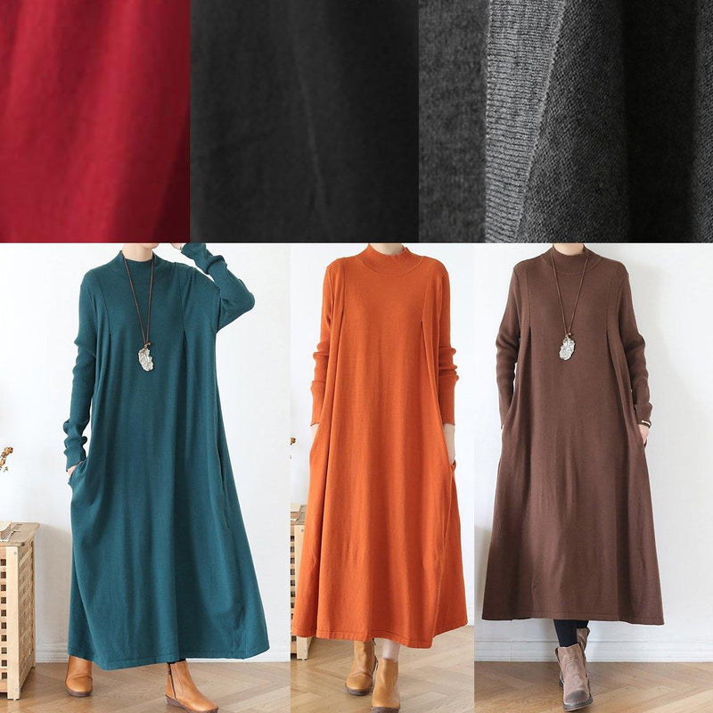 Classy Dark Blue Tunic Dresshigh Neck Batwing Sleeve Robes Fall Dresses