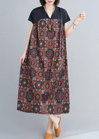 Classy Cotton Tunics V Neck Patchwork Art Summer Dresses