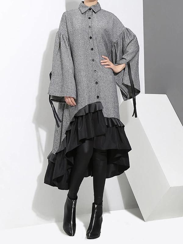 Classy Gray Cotton Quilting Clothes Lapel Ruffles Knee Dress