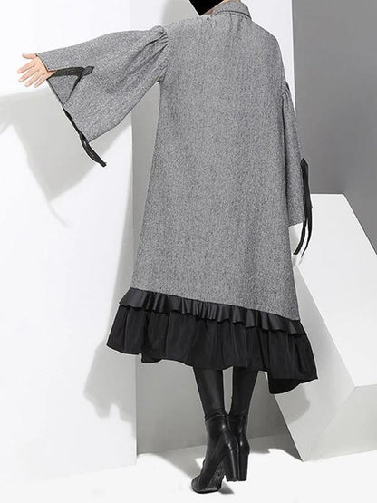 Classy Gray Cotton Quilting Clothes Lapel Ruffles Knee Dress
