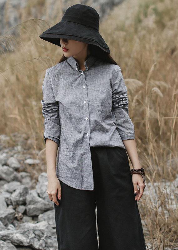 Classy Gray Cotton Linen Clothes for Photography Long Sleeve Fall Shirts