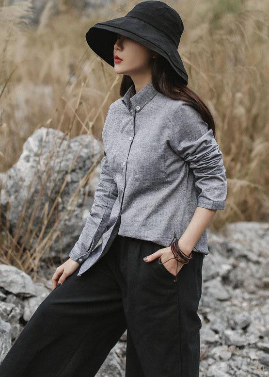 Classy gray cotton linen clothes For Women Photography long sleeve fall shirts