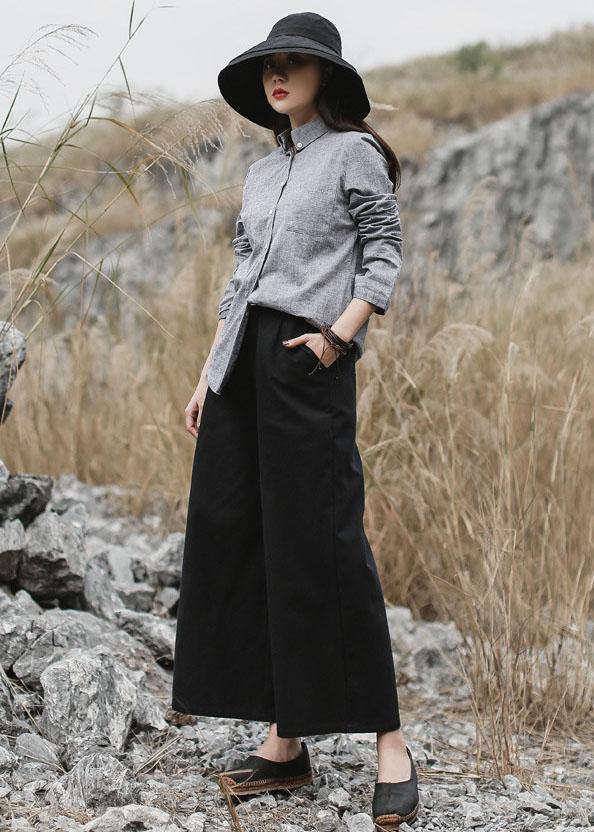 Classy Gray Cotton Linen Clothes for Photography Long Sleeve Fall Shirts
