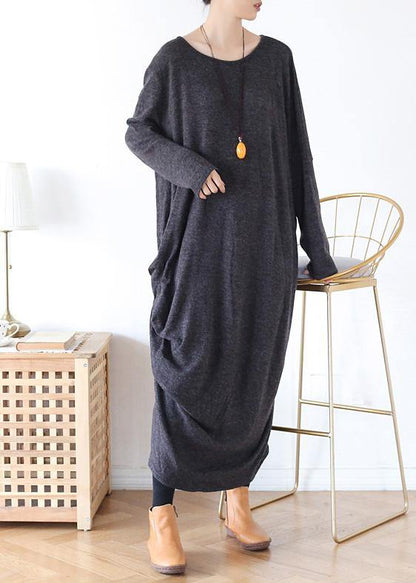 Classy Gray Cotton Tunic Dress O Neck Asymmetric Long Spring Dress