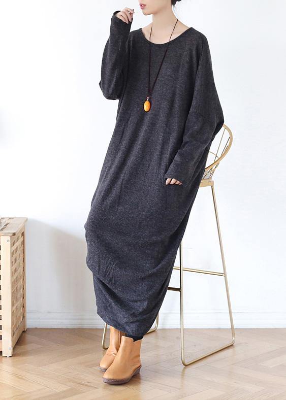 Classy Gray Cotton Tunic Dress O Neck Asymmetric Long Spring Dress