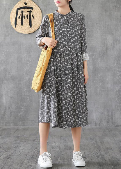Classy Gray Print Linen Wardrobes Stand Collar Patchwork Short Dresses