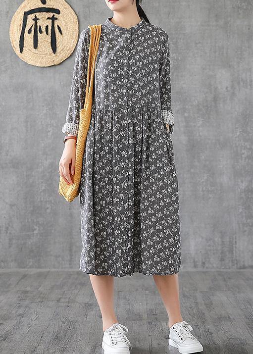 Classy Gray Print Linen Wardrobes Stand Collar Patchwork Short Dresses