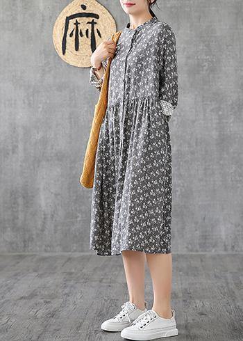 Classy Gray Print Linen Wardrobes Stand Collar Patchwork Short Dresses