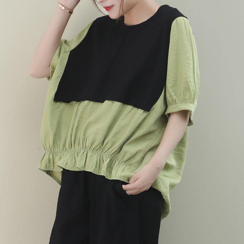 Classy Green Cotton Blouse O Neck Patchwork Art Shirts