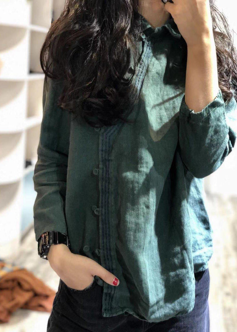 Classy Green Linen Blouses for Polo Collar Tunic Shirts