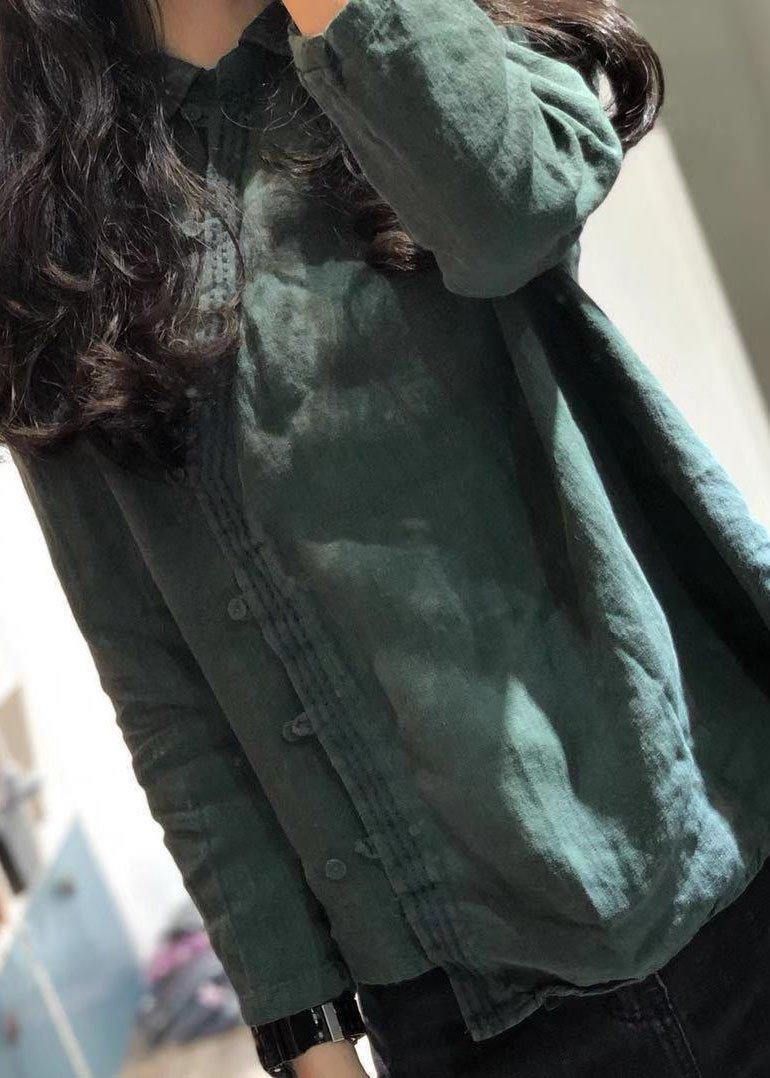 Classy Green Linen Blouses for Polo Collar Tunic Shirts