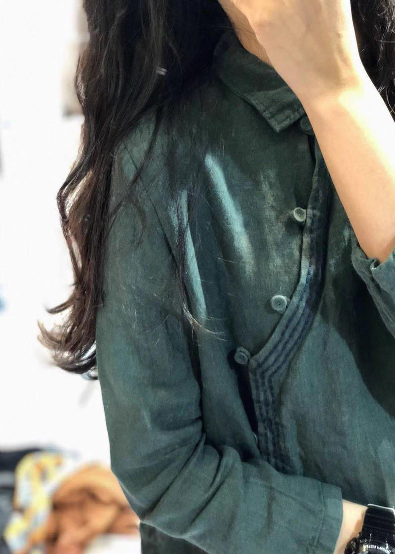 Classy Green Linen Blouses for Polo Collar Tunic Shirts