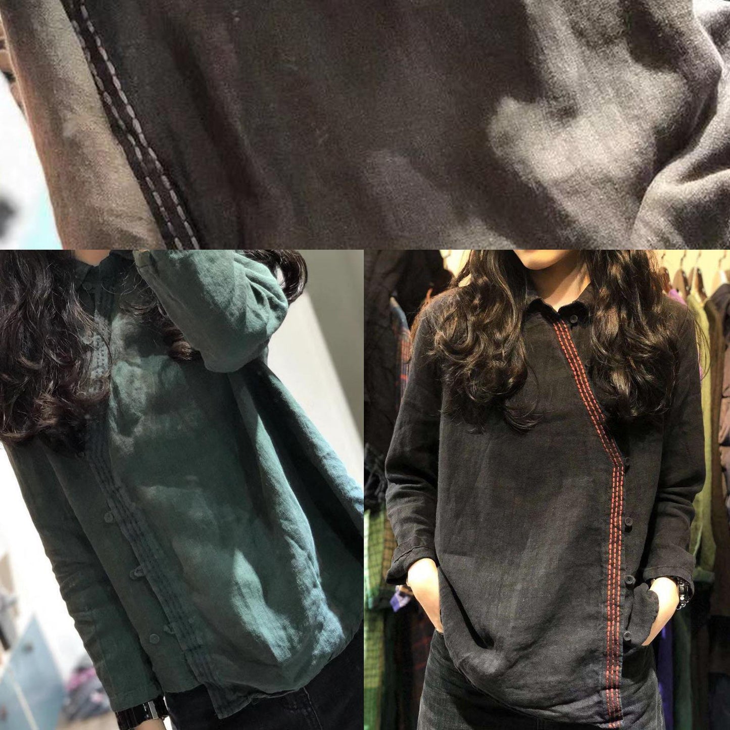 Classy green linen blouses for women POLO collar tunic shirts