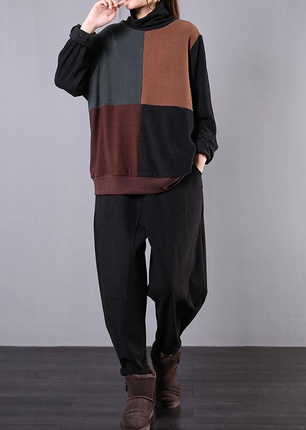 Classy High Neck Patchwork Cotton Fall Blouse Pattern Dark Gray Shirt