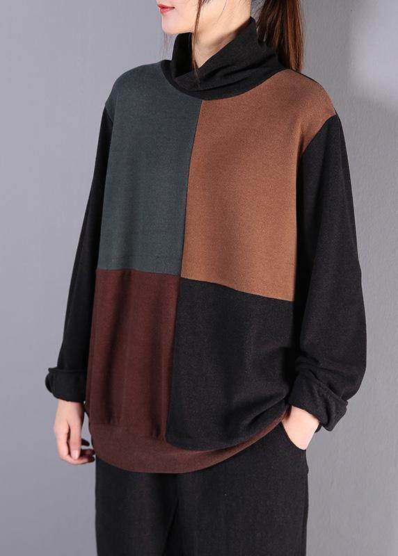 Classy High Neck Patchwork Cotton Fall Blouse Pattern Dark Gray Shirt