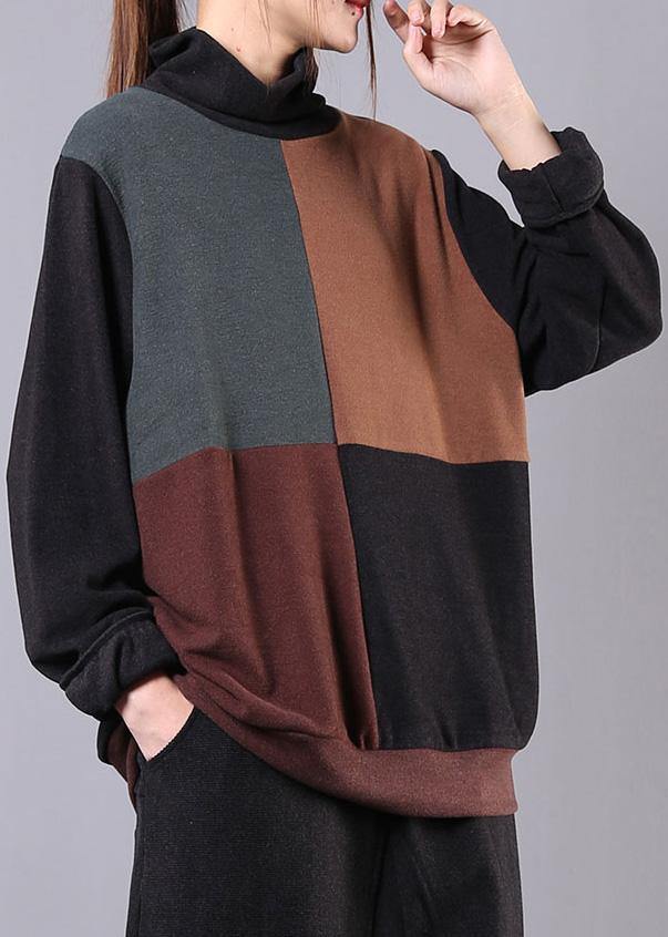 Classy High Neck Patchwork Cotton Fall Blouse Pattern Dark Gray Shirt