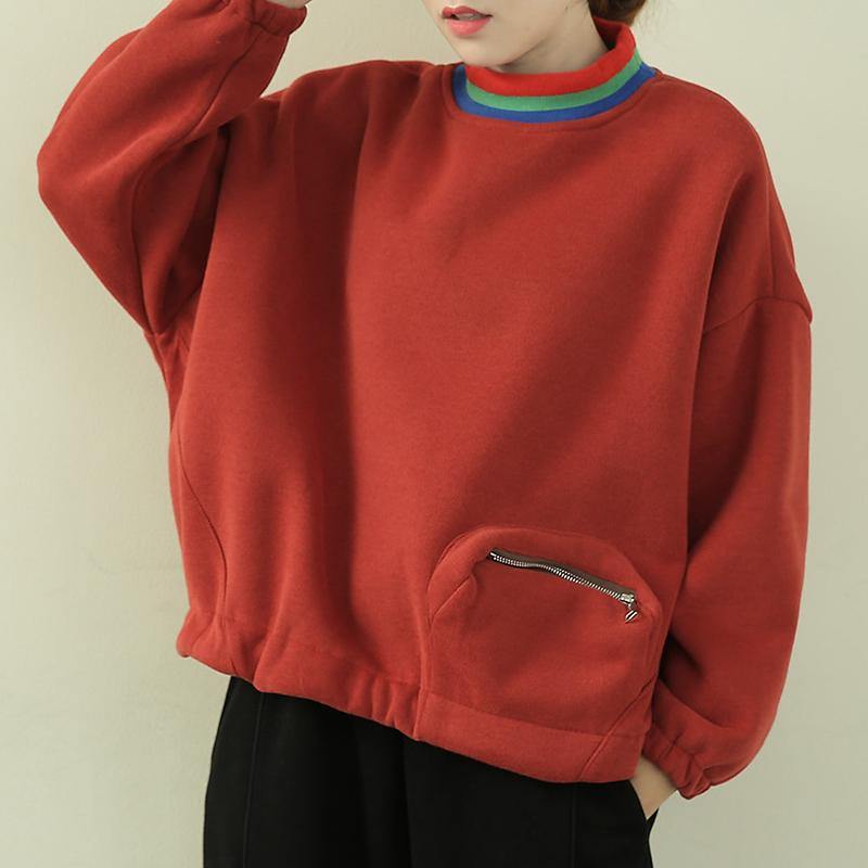 Classy high neck patchwork zippered tops women orange blouse