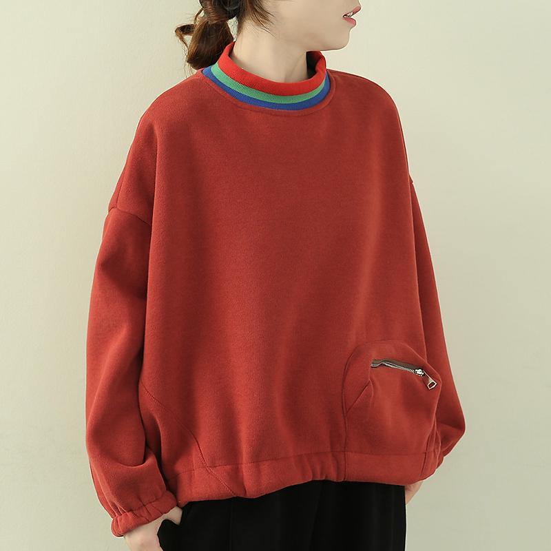 Classy high neck patchwork zippered tops women orange blouse