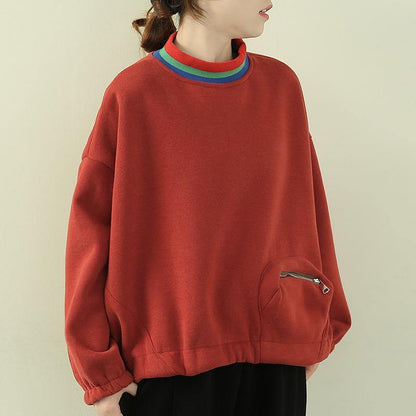 Classy high neck patchwork zippered tops women orange blouse