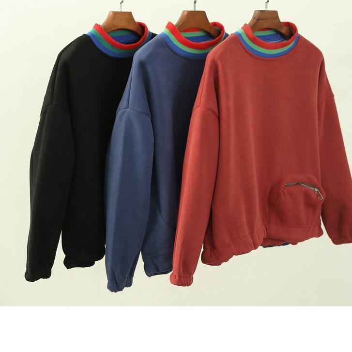 Classy High Neck Patchwork Zippered Tops Orange Blouse