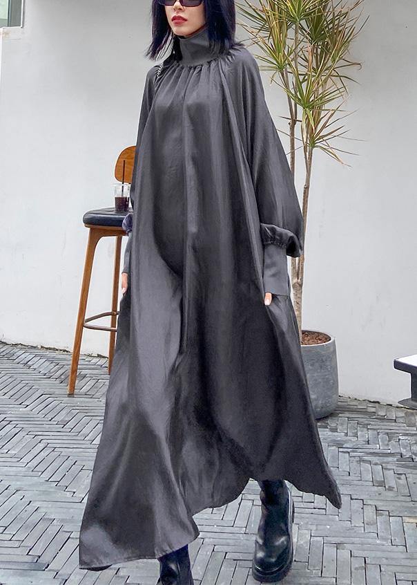 Classy High Neck Cinched Quilting Dresses Shirts Gray Maxi Dresses