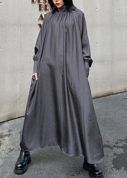Classy High Neck Cinched Quilting Dresses Shirts Gray Maxi Dresses