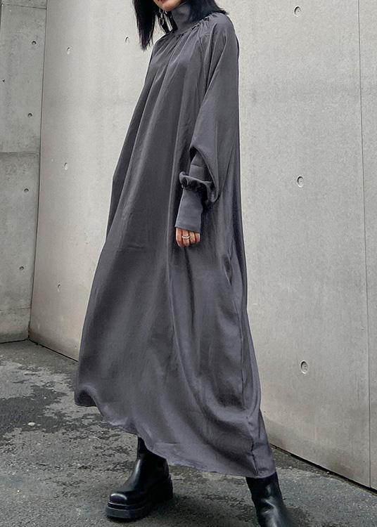 Classy High Neck Cinched Quilting Dresses Shirts Gray Maxi Dresses