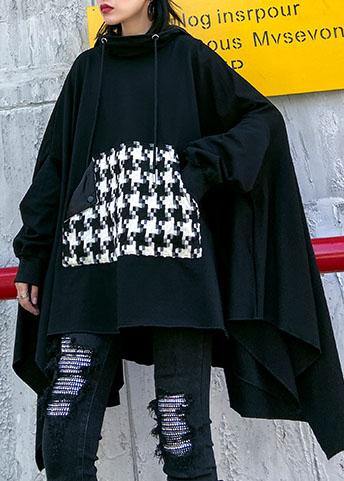 Classy hooded asymmetric cotton patchwork shirts women Cotton black top
